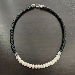 Sterling silver leather rope freshwater pearl necklace